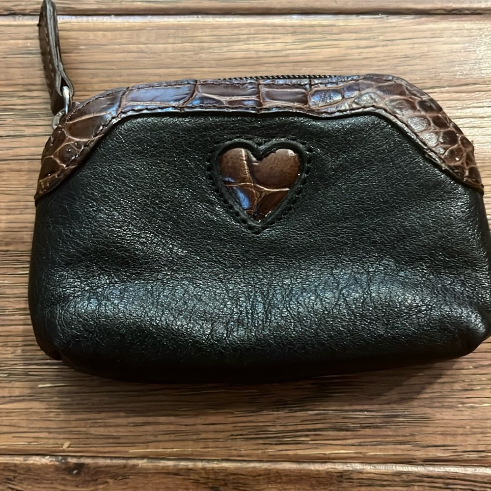 Brighton Black and Brown Pebbled Leather Coin Purse with Zipper Closure